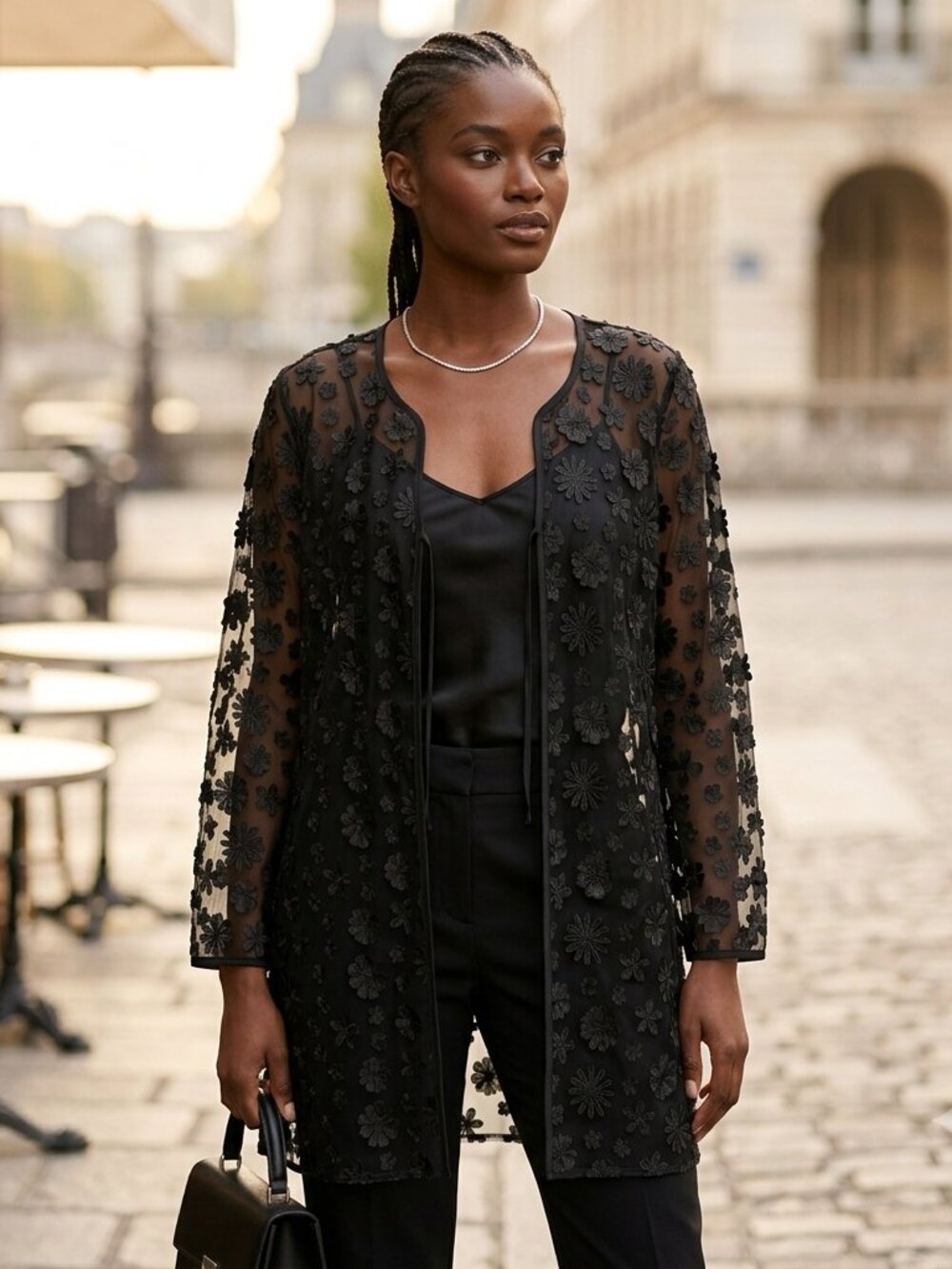 Karl Lagerfeld Paris Black 3D Floral Applique Mesh Open Cardigan Tunic M